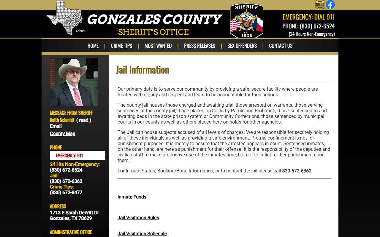 Gonzales County Jail inmate lookup jail information page